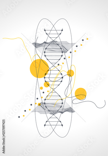 Abstraction on a scientific medical theme. Creative image of a DNA molecule with art elements.