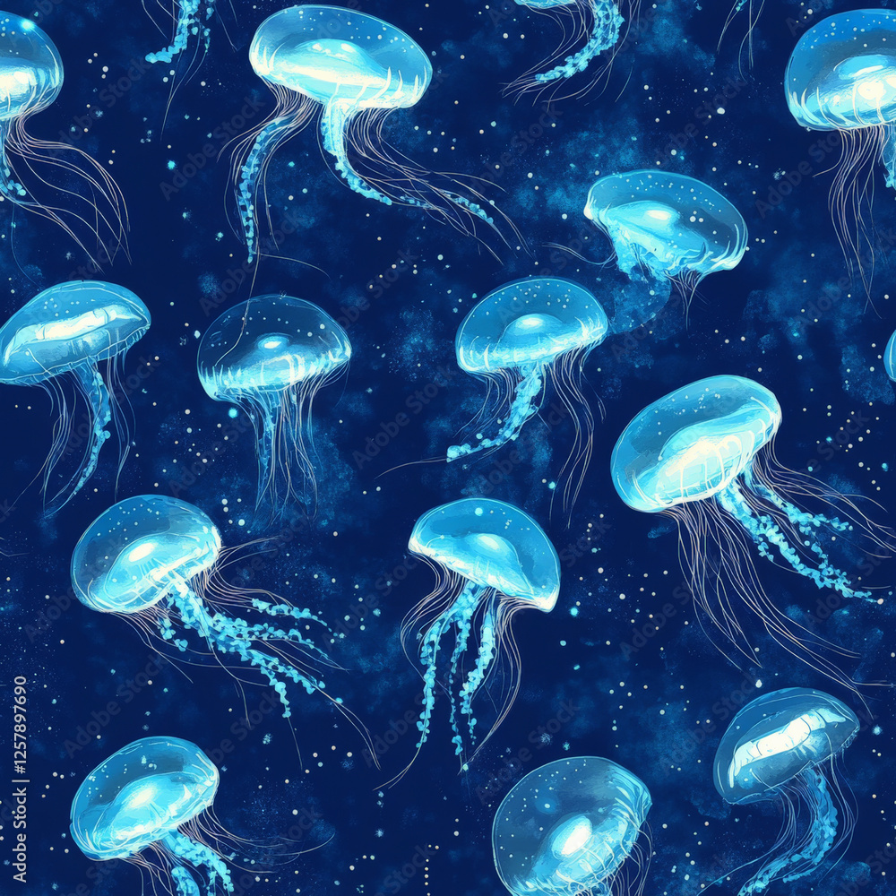 Obraz premium A deep-sea pattern of glowing jellyfish drifting through an inky blue ocean, with bioluminescent effects.