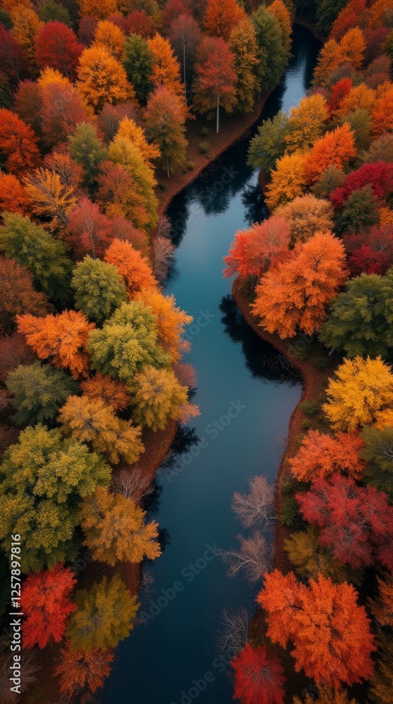 Aerial View of a Vibrant Autumn Forest with a Meandering River Aerial View of a Vibrant Autumn Forest with a Meandering River