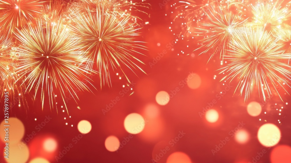Fototapeta premium Festive Chinese background. New Year asian backdrop with gold fireworks. Red vector holiday banner