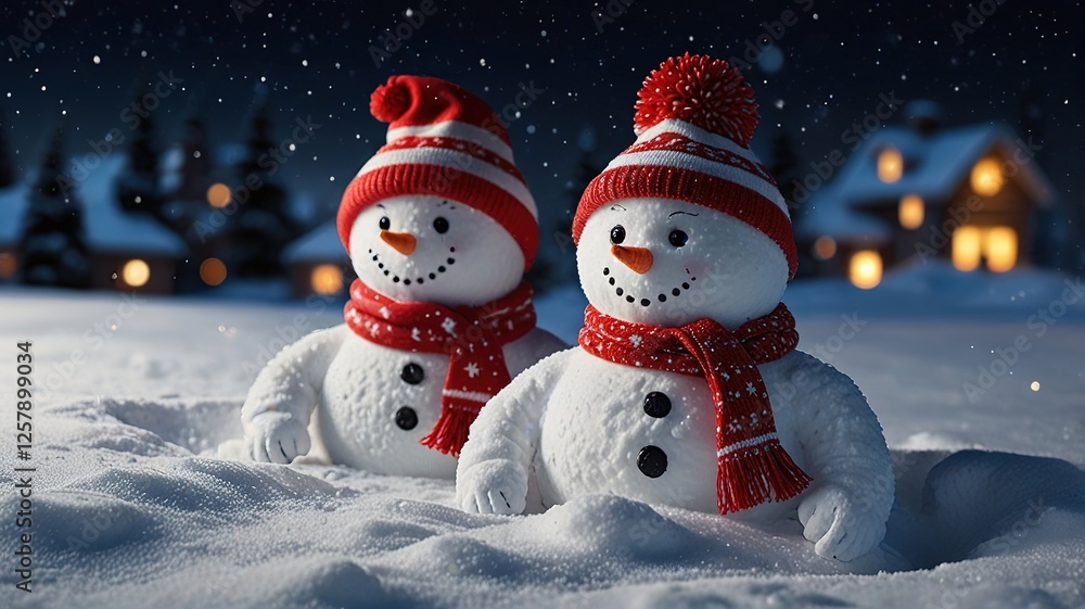 Fototapeta premium Snowmans on soft snow blue background