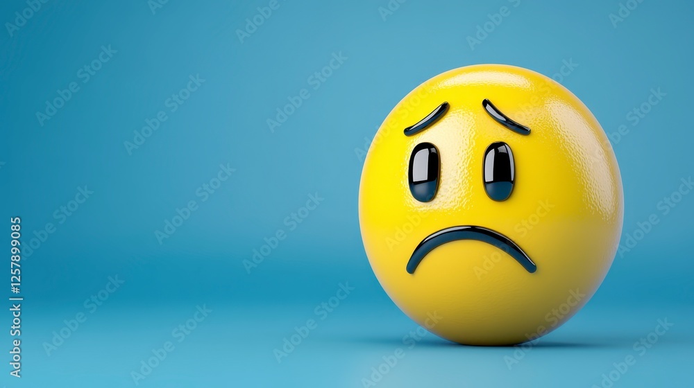 Fototapeta premium 3d rendering of a yellow sad emoji, round shape with glossy surface, dark colored eyes, and a downcast expression. Blue background, studio lighting
