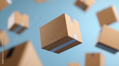 3d render of light beige cardboard box in the air, surrounded by other similar boxes, soft light, light blue background, pixelated style, product
