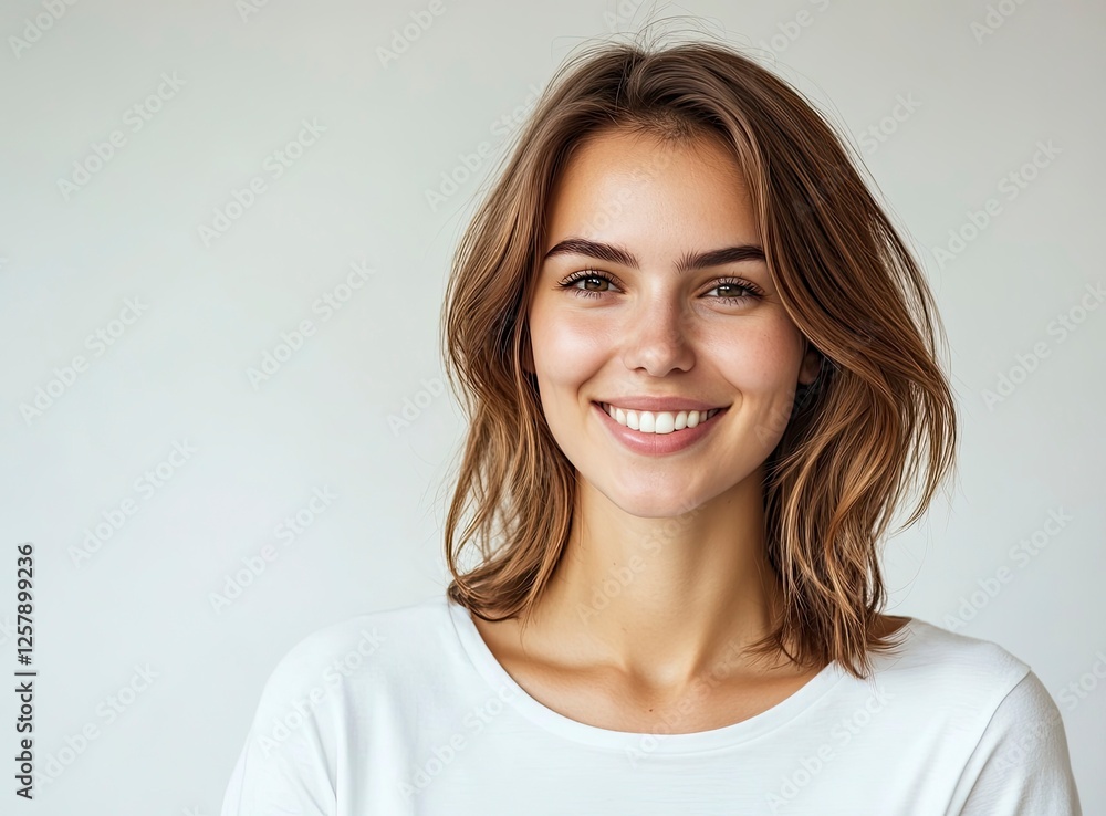 Portrait of a beautiful woman smiling, with shoulder-length brown hair and wearing a white t-shirt, isolated on a light background, Portrait of a beautiful woman smiling, with shoulder-length brown hair and wearing a white t-shirt, isolated on a light background,