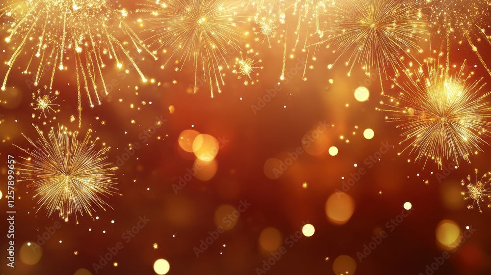 Fototapeta premium Festive Chinese background. New Year asian backdrop with gold fireworks. Red vector holiday banner