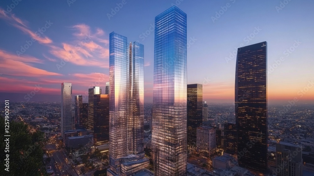 Fototapeta premium Office skyscrapers in Los Angeles during golden hour, elegant and modern architecture