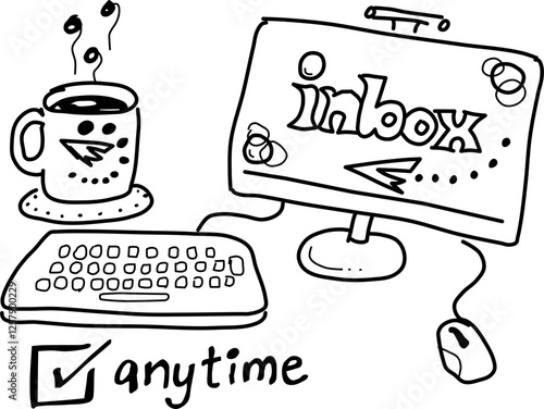 Hand-drawn coffee and computer vector doodle. Computer monitor, keyboard, and mug of coffee. For coffee lovers who spend the day at their computer. 