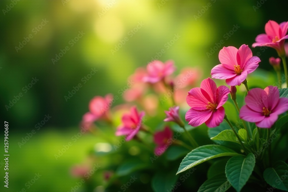 Pink flowers sway gently in the breeze against a lush green backdrop, garden, leaves, pink flowers Pink flowers sway gently in the breeze against a lush green backdrop, garden, leaves, pink flowers