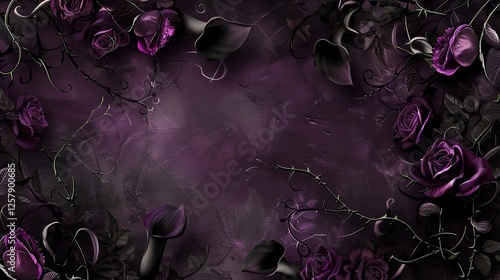 A purple and black floral background with roses and vines.