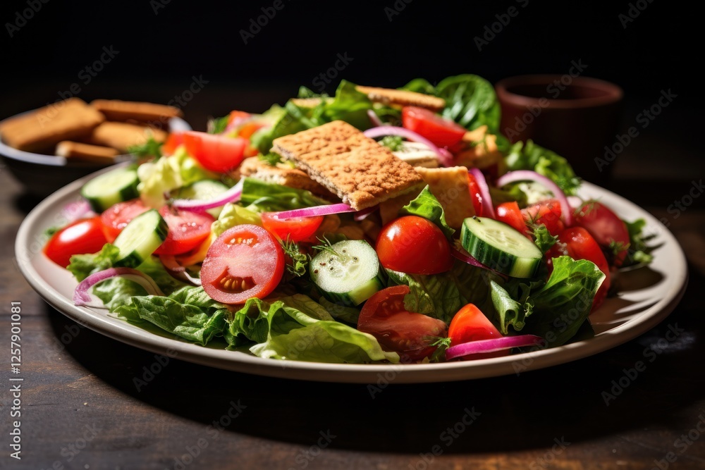 A vibrant salad plate featuring fattoush, a traditional Middle Eastern salad A vibrant salad plate featuring fattoush, a traditional Middle Eastern salad