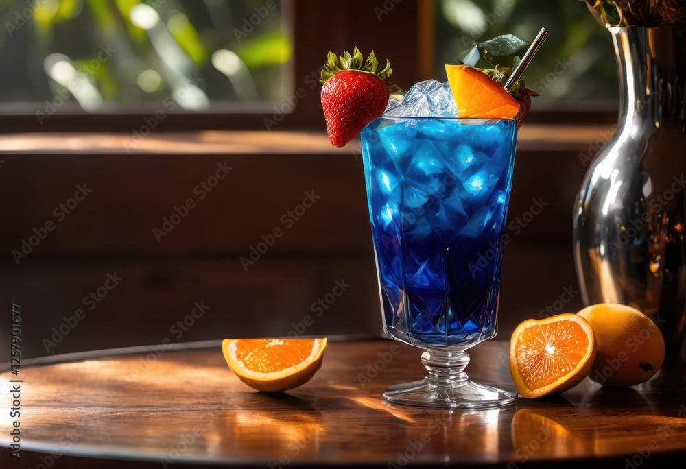 Fototapeta premium vibrant cocktail decorative umbrella table surrounded colorful fruits decorative elements creating lively beverage scene, drink, tropical, lime, cherry
