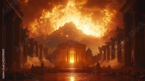 Fiery sunset over ancient temple ruins; dramatic fantasy scene; background artwork