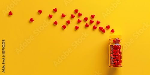 Bottle and scattered red heart shaped tablets on a vivid yellow background. Concept for cardiovascular disease treatment.