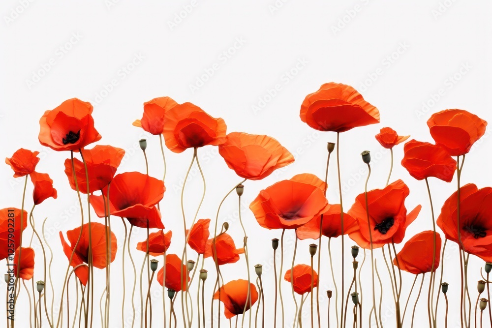 Fototapeta premium Closeup of a vibrant field of poppies swaying in the wind with soft sunlight isolated on white background