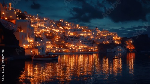 Wallpaper Mural Santorini at night, with warm glowing lights illuminating the white buildings and casting reflections on the sea Torontodigital.ca