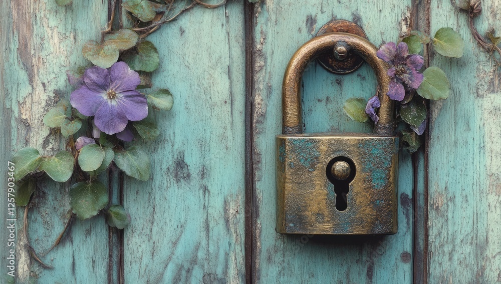 Antique padlock on teal weathered wooden door with purple flowers Antique padlock on teal weathered wooden door with purple flowers