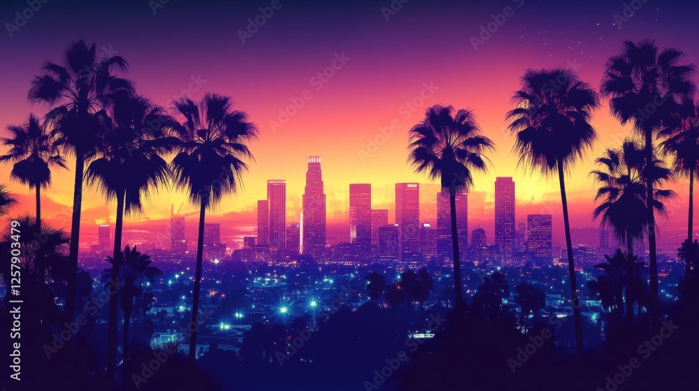 Obraz premium Silhouetted palm trees against a neon-lit Los Angeles skyline, futuristic city vibes