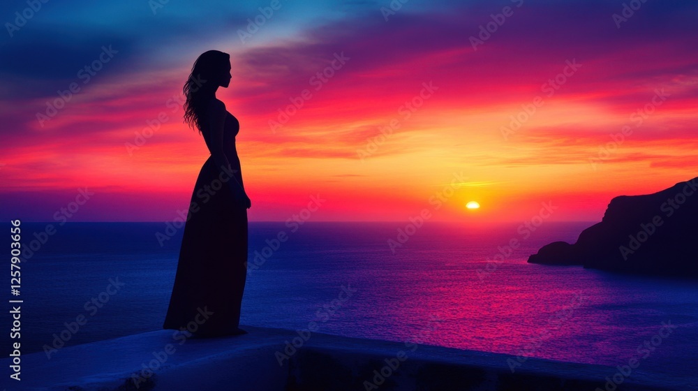 Silhouette of a woman standing on a rooftop in Santorini, gazing at the colorful sunset over the sea, elegant and cinematic shot Silhouette of a woman standing on a rooftop in Santorini, gazing at the colorful sunset over the sea, elegant and cinematic shot