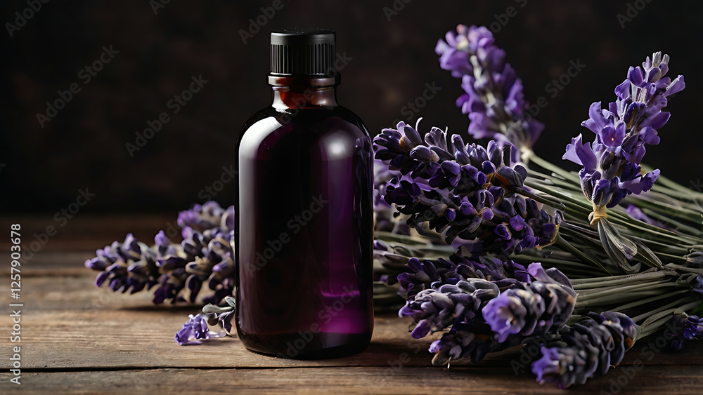 Lavender shampoo in a dark bottle next to dried flowers. Nearby are fresh leaves and dried herbs, Lavender shampoo in a dark bottle next to dried flowers. Nearby are fresh leaves and dried herbs,