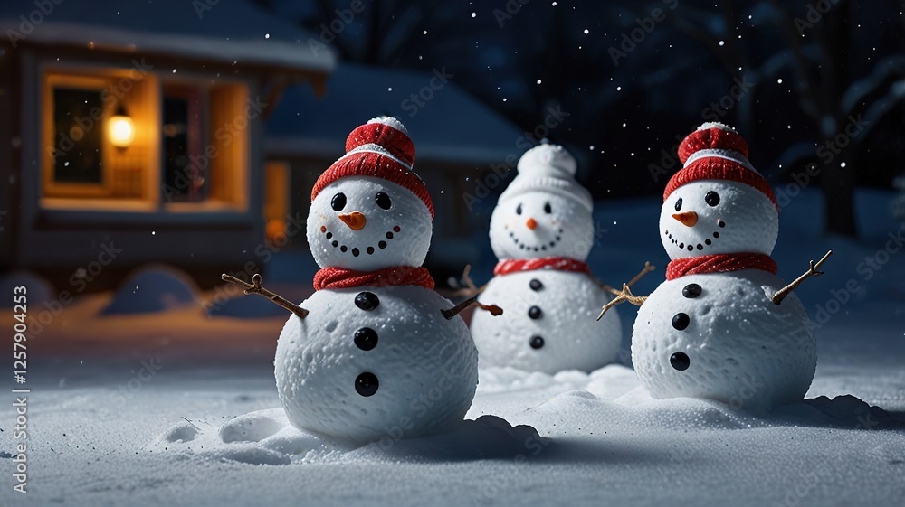 Fototapeta premium Snowmans on soft snow blue background