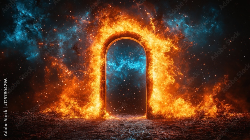 Fototapeta premium Fiery archway portal, inferno background, fantasy