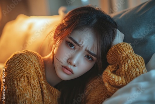 Sick, influenza asian young woman, girl headache have a fever, flu and check thermometer measure body temperature, feel illness sitting on sofa bed at photo