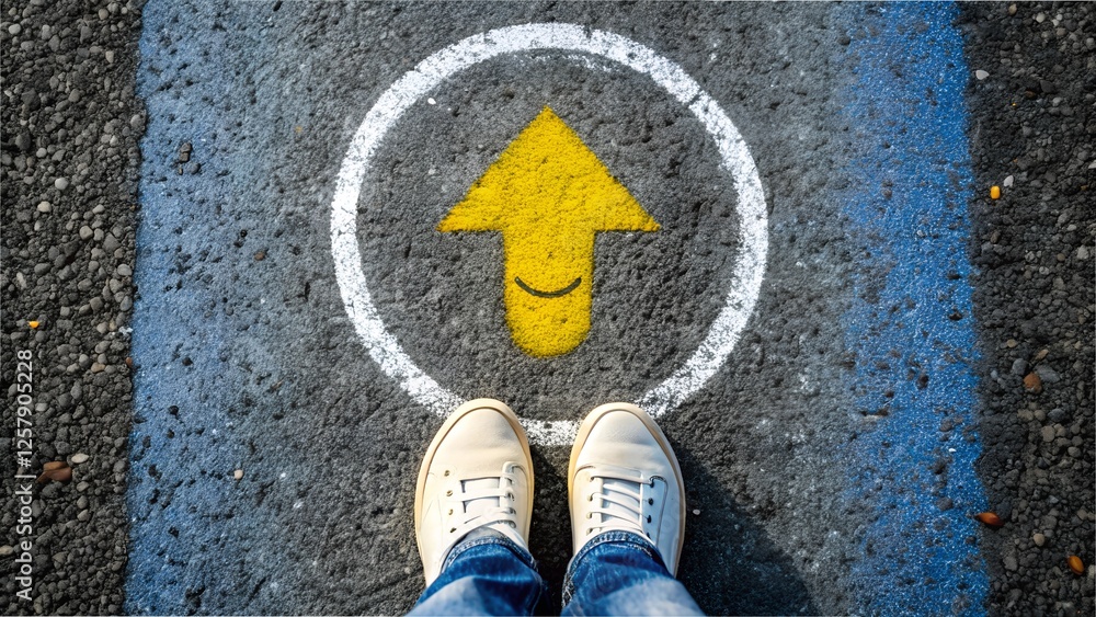 Fototapeta premium Smiley Face Street Art on Asphalt with White Arrow