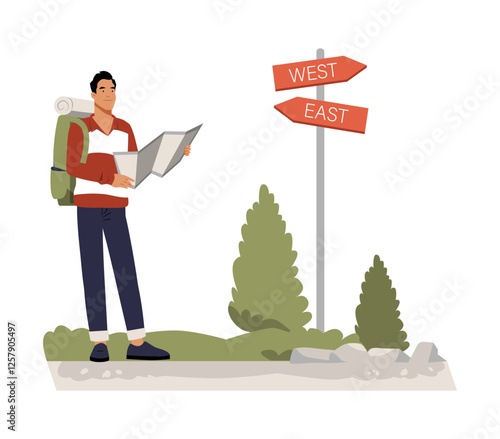 Male Hiker With Backpack Reading A Map Near Direction Signs In Flat Vector Illustration Symbolizing Outdoor Adventure, Exploration, And Route Planning, Isolated On White Background