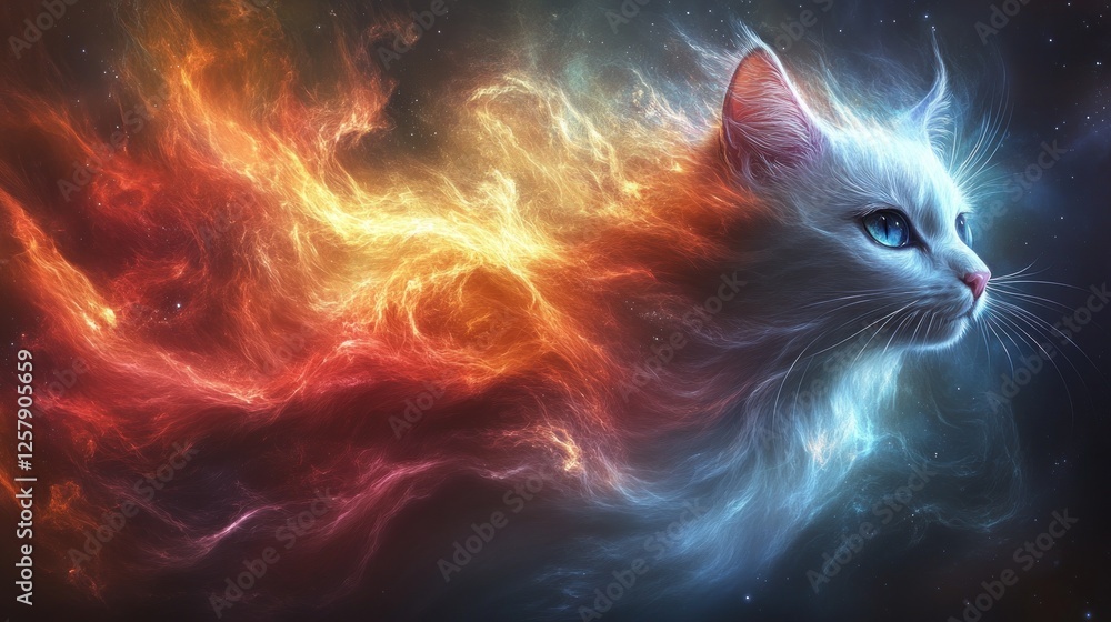 Fiery cosmic cat profile, nebula background, fantasy art Fiery cosmic cat profile, nebula background, fantasy art
