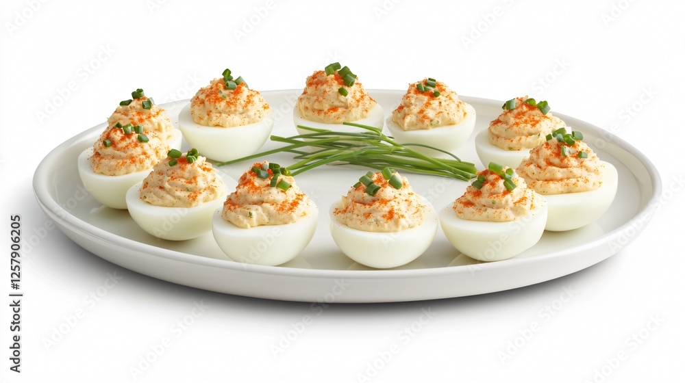 A plate of deviled eggs with creamy avocado filling, garnished with fresh chives, isolated on a clean white background