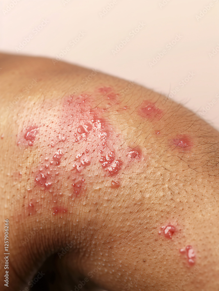Fototapeta premium Close-up of inflamed skin on the arm due to dermatitis, with visible red patches and dry texture