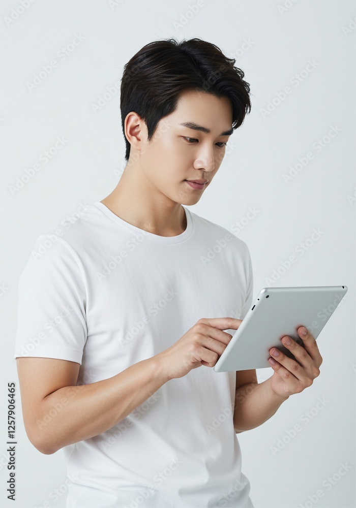 Happy young man using digital tablet wearing plain t-shirt isolated on white background . Ai generative Happy young man using digital tablet wearing plain t-shirt isolated on white background . Ai generative