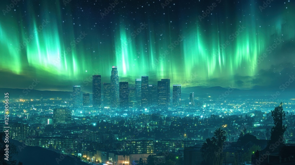 Fototapeta premium Surreal Los Angeles skyline under the aurora borealis, blending reality and fantasy