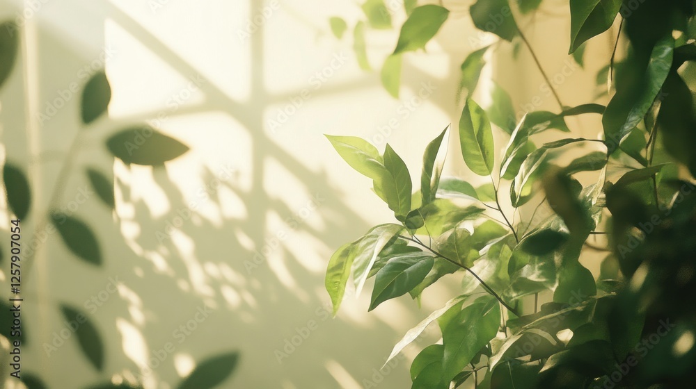 Sunlight through window illuminates indoor plants, creating shadows on wall; nature, tranquility, home decor Sunlight through window illuminates indoor plants, creating shadows on wall; nature, tranquility, home decor
