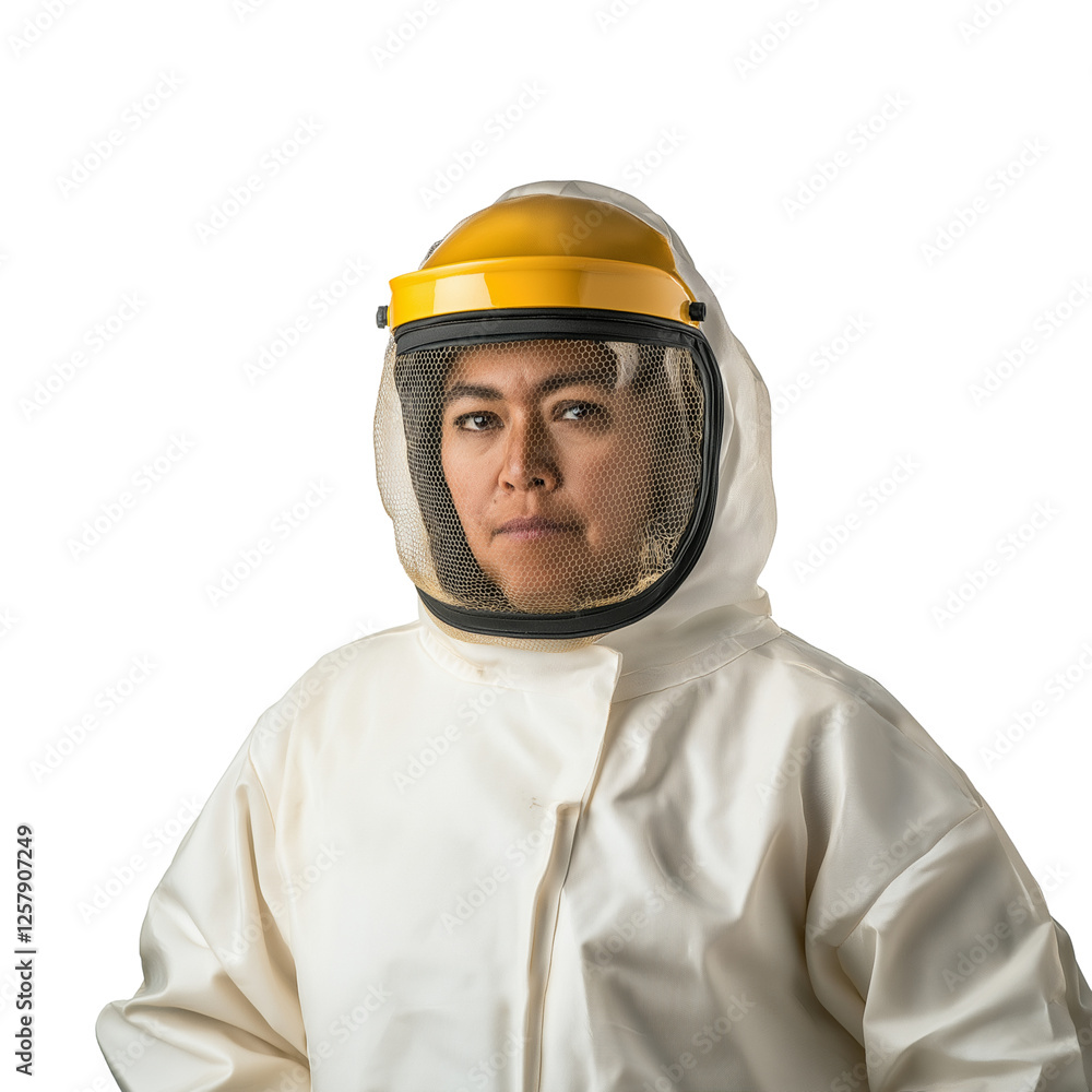 Middle-aged Indigenous female beekeeper in protective gear isolated on transparent white background Middle-aged Indigenous female beekeeper in protective gear isolated on transparent white background