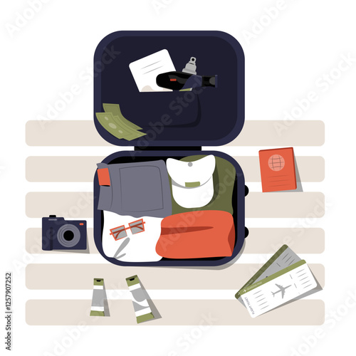 Open Suitcase With Travel Essentials In Flat Vector Illustration Symbolizing Vacation Packing, Tourism, And Adventure, Isolated On White Background