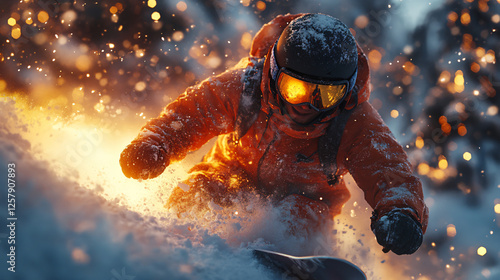 a snowboarder in a red jacket and goggles