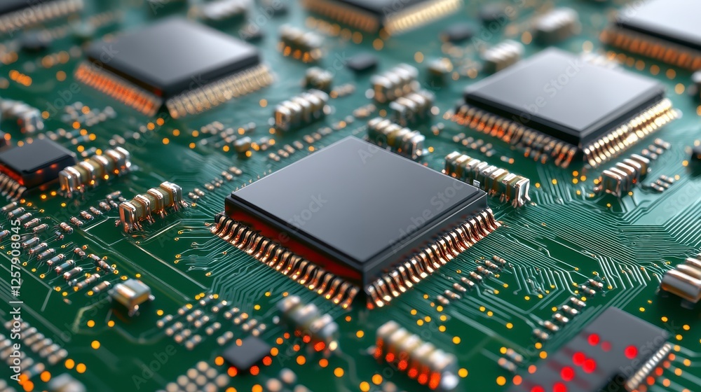 Close up view of complex circuit board, featuring numerous dark gray square integrated circuits arranged densely on a vibrant green circuit board Close up view of complex circuit board, featuring numerous dark gray square integrated circuits arranged densely on a vibrant green circuit board
