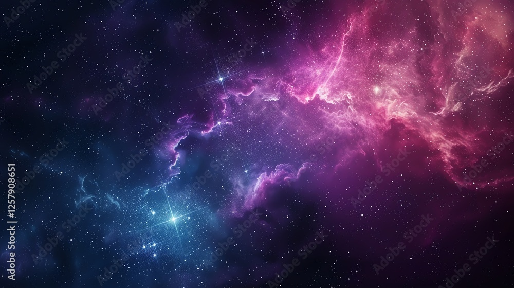 Fototapeta premium A cosmic background with pink and blue nebulae, and scattered stars.