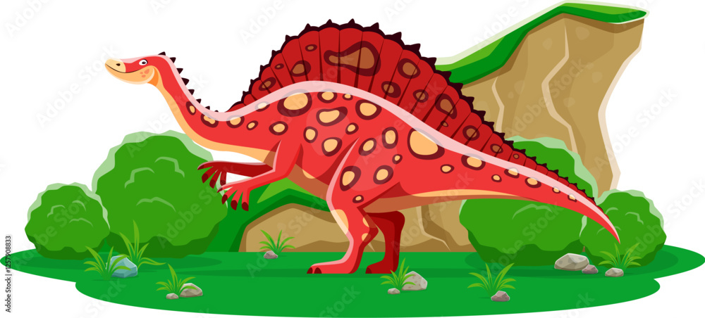 Obraz premium Ouranosaurus prehistoric dinosaur cartoon character. Isolated vector sail-backed friendly herbivore reptile animal in natural environment with greenery and rock. Early Cretaceous ancient era lizard
