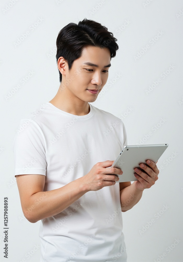 Happy young man using digital tablet wearing plain t-shirt isolated on white background . Ai generative Happy young man using digital tablet wearing plain t-shirt isolated on white background . Ai generative