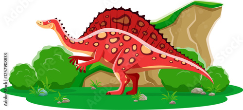 Ouranosaurus prehistoric dinosaur cartoon character. Isolated vector sail-backed friendly herbivore reptile animal in natural environment with greenery and rock. Early Cretaceous ancient era lizard