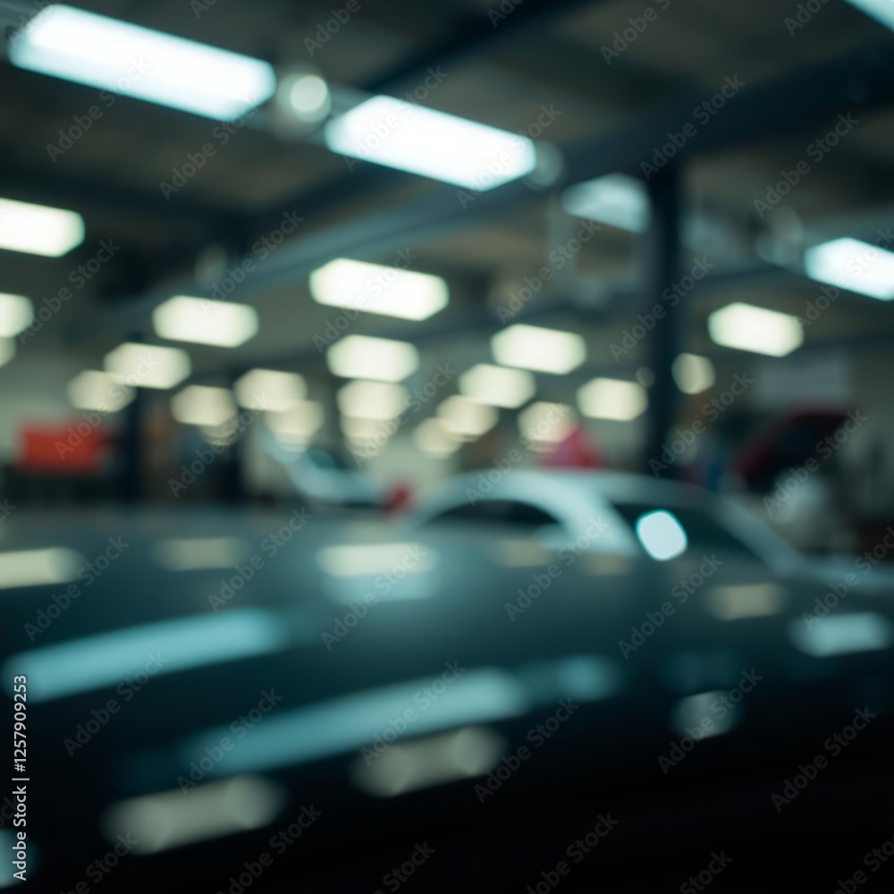 Fototapeta premium The abstract blurry image depicts a blurred car garage interior a blurred mechanic service center and a blurry car care station background Bokeh light lights background bokeh abstract light br