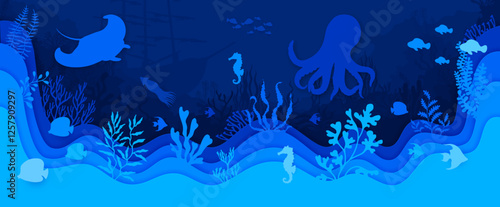 Paper cut underwater landscape with vector blue silhouettes of sea animals, fish and sunken ship. Ocean coral reef underwater landscape with 3d wavy paper cut borders, octopus, squid and seahorse