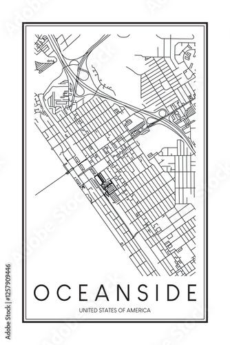 Printable downtown road map poster of the USA city of OCEANSIDE on solid white background with city name