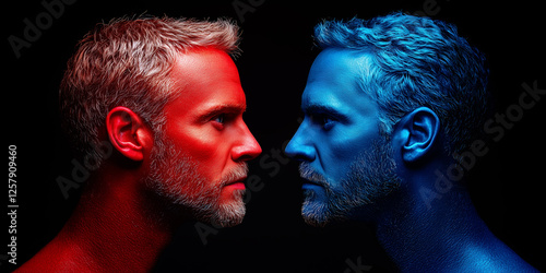 dual colored confrontation between red and blue personas in dark contrast photo