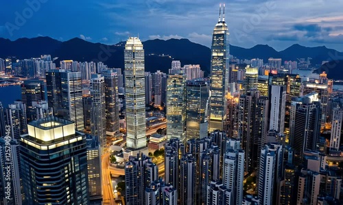 Hong Kong city skyline twilight aerial view