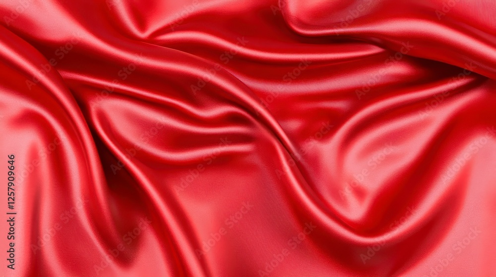 Fototapeta premium Close up view of rich red satin fabric, showcasing elegant folds and drapes. The smooth texture and deep red hue create a luxurious aesthetic