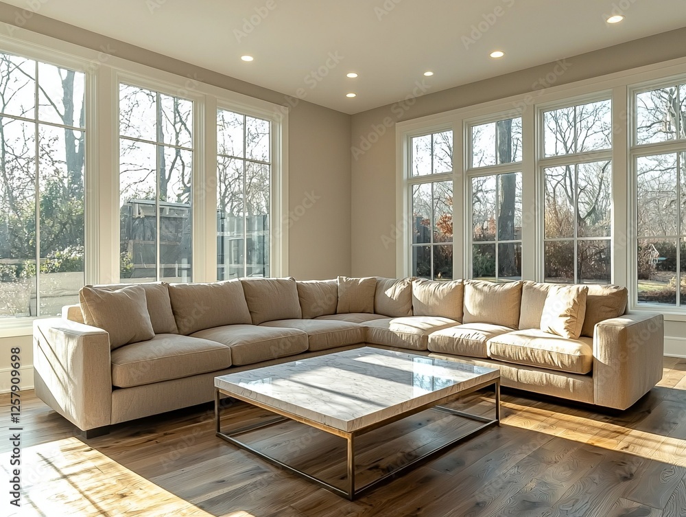 Obraz premium Modern minimalist interiors in residential living rooms with corner sofas and tables. Generative AI 