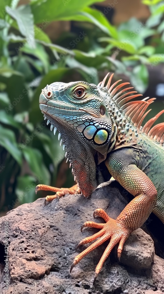 Obraz premium Colorful iguana with striking scales rests on a rock, surrounded by lush green foliage in a jungle environment.